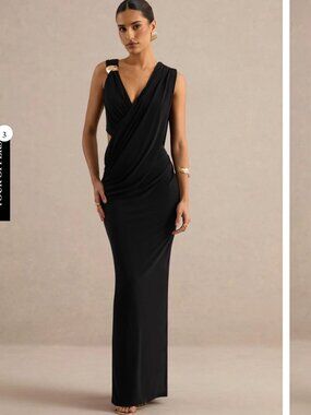 CLUB L LONDON - Tahlia Black Plunge-Neck Maxi Dress With Draped Detailing And Go